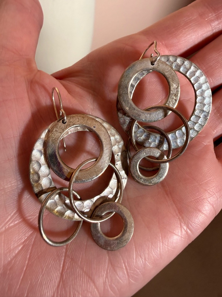 Vintage Mexico Hammered Sterling Silver Oversized Modernist Earrings Festival